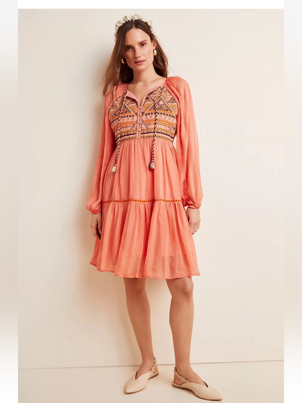 Bl^nk London Norah Embroidered Tiered Mini Dress Coral NWT XS